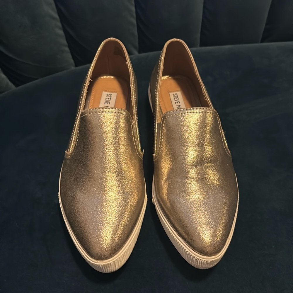 Shimmery gold (or metallic gold) pointed slip-on sneakers, size 8